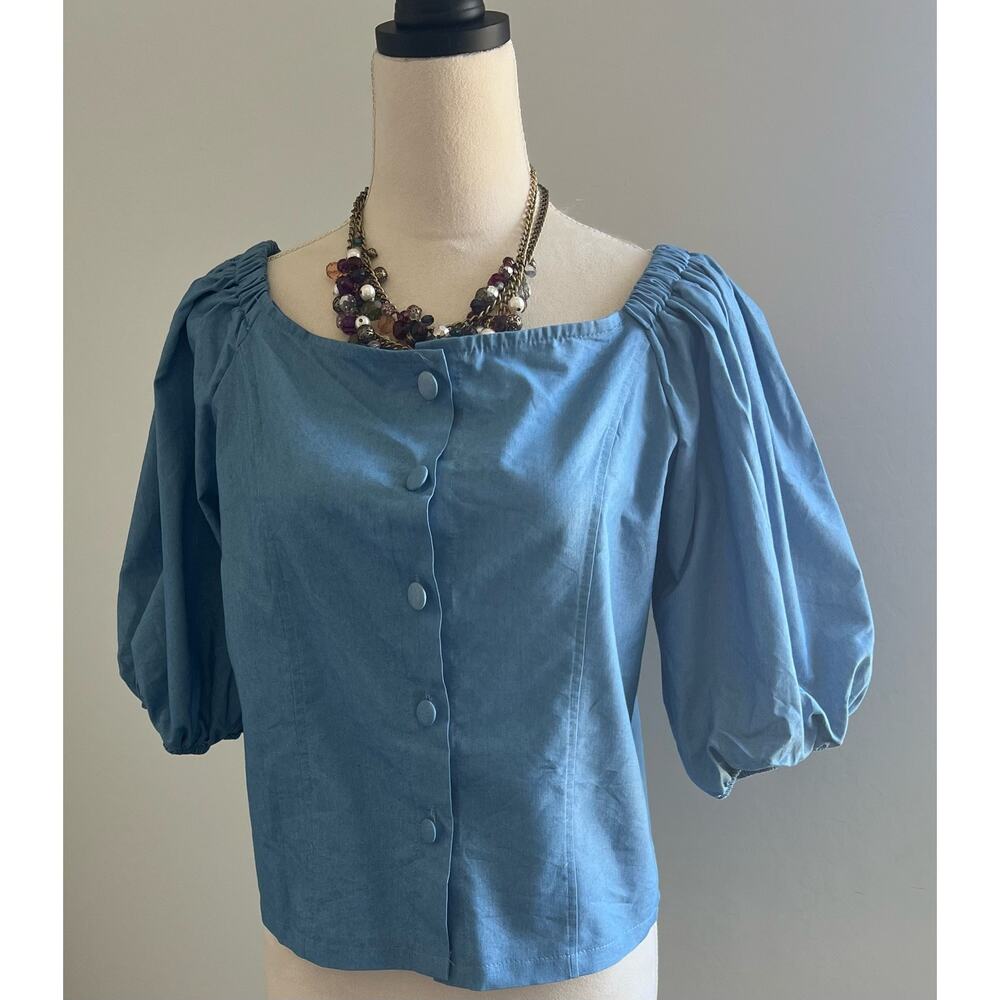 NEW Retro Off Shoulder Chambray Puff Sleeve Button Up Cotton Blend Blouse 2XL - Picture 2 of 7